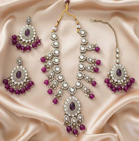 Lavender Lilac Kundan Necklace Set with Frosted Bead Droplets