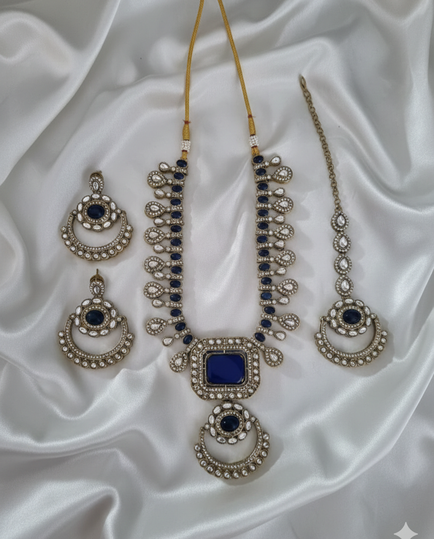 Antique Gold & Royal Blue Long Necklace Set