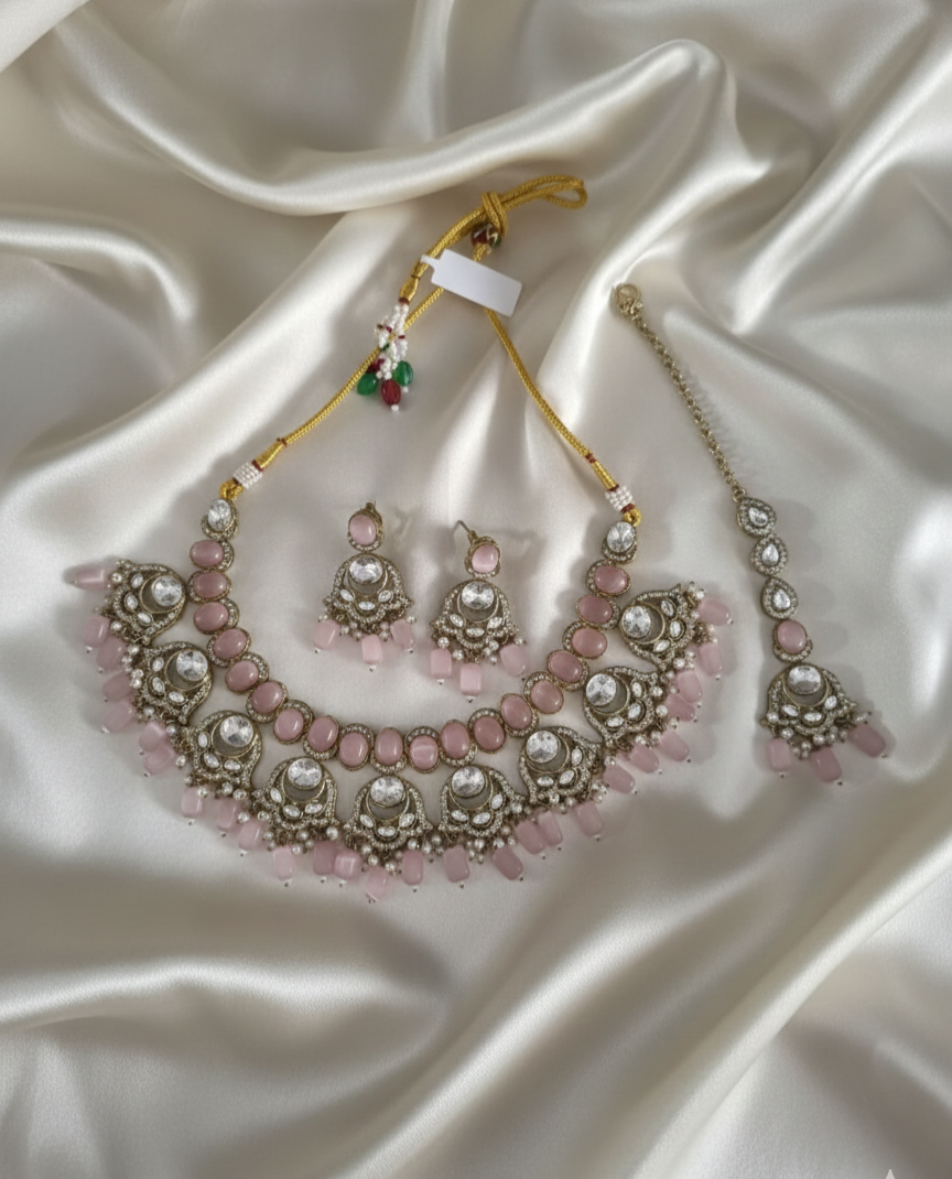 Ruby Pink Handcrafted Droplet Beads Choker Set For Woman