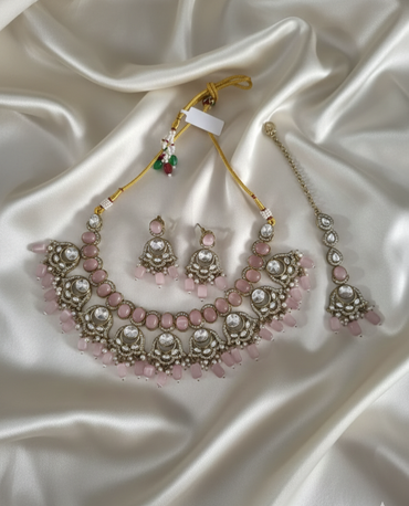 Ruby Pink Handcrafted Droplet Beads Choker Set For Woman