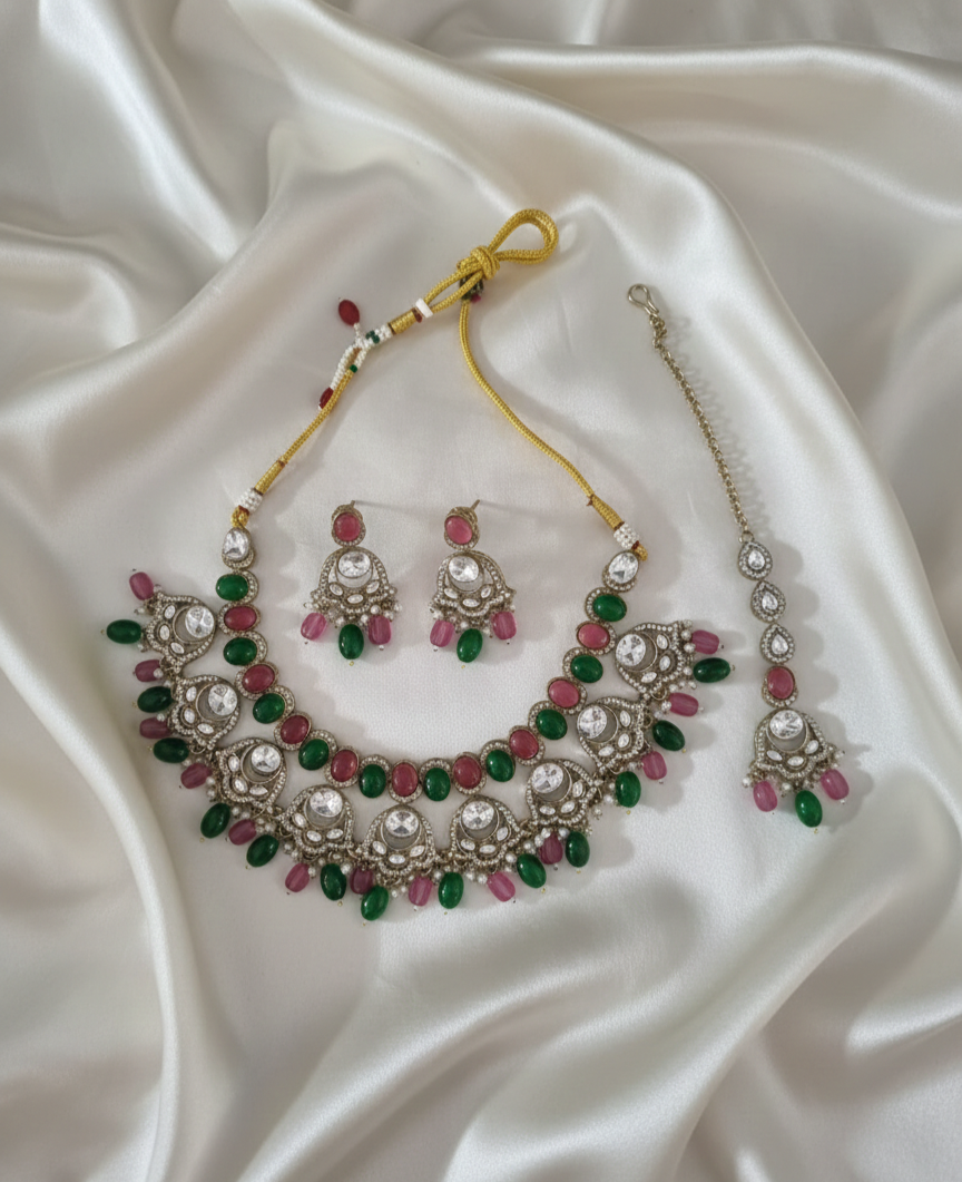 Ruby Pink Handcrafted Droplet Beads Choker Set For Woman