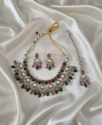 Ruby Pink Handcrafted Droplet Beads Choker Set For Woman