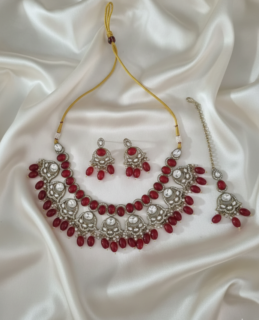 Ruby Pink Handcrafted Droplet Beads Choker Set For Woman