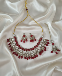 Ruby Pink Handcrafted Droplet Beads Choker Set For Woman