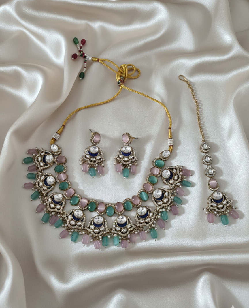 Ruby Pink Handcrafted Droplet Beads Choker Set For Woman