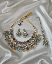 Ruby Pink Handcrafted Droplet Beads Choker Set For Woman