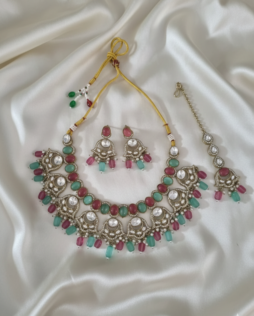 Ruby Pink Handcrafted Droplet Beads Choker Set For Woman
