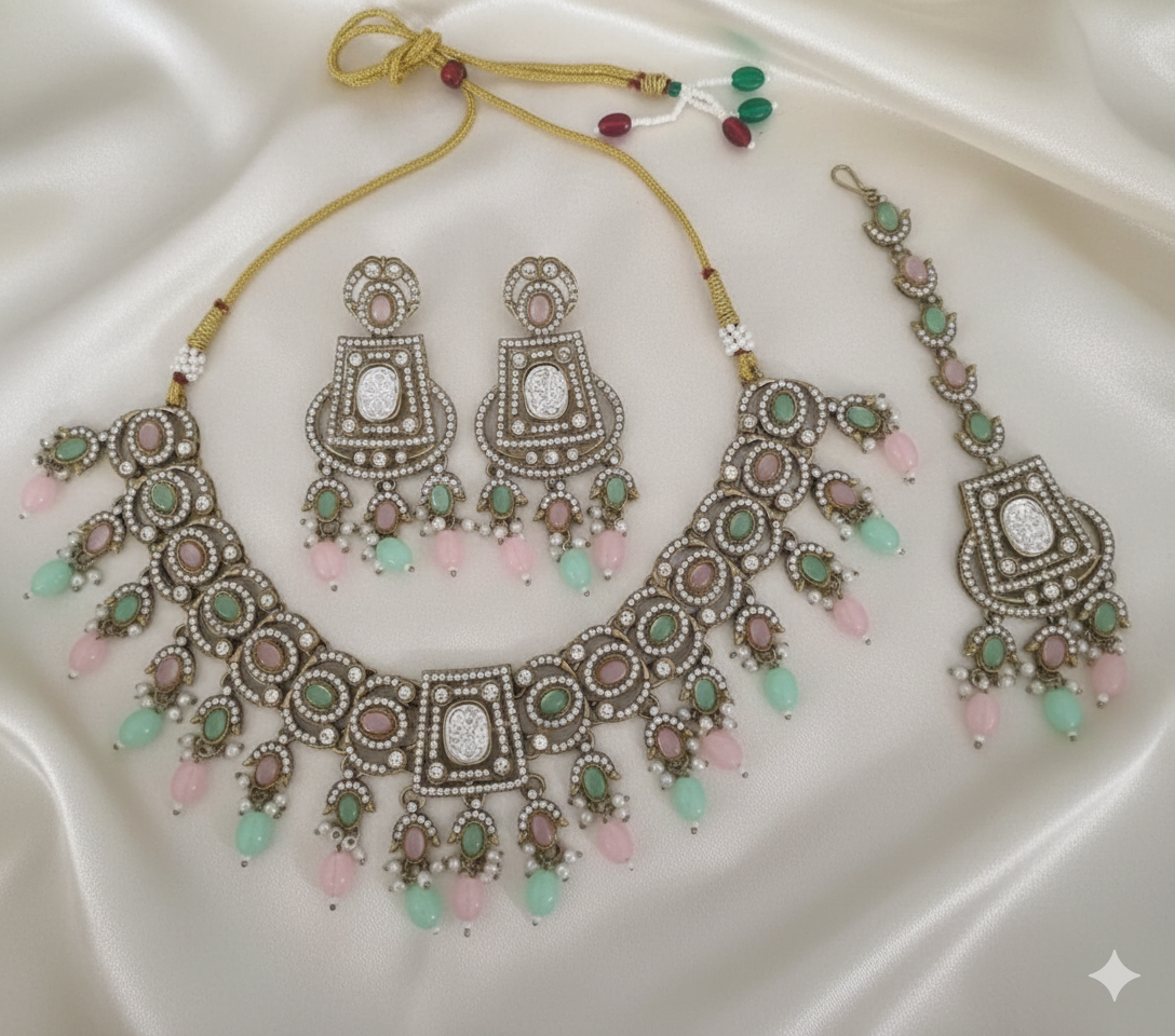 Rose Petal Pink Choker Necklace Set with Earrings