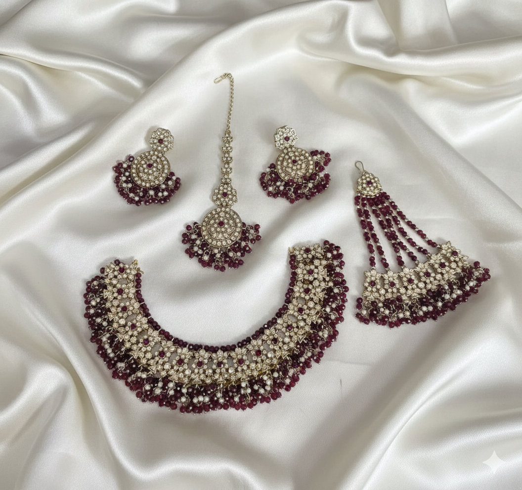 Deep Maroon Antique Gold Choker Set with Traditional Jhumar/Passa