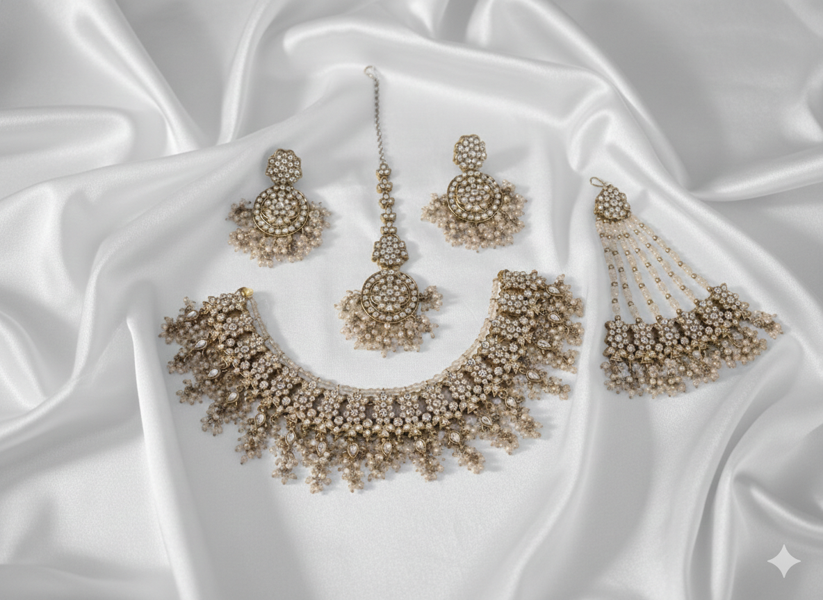 Classic White Beaded Traditional Wedding Jewelry Set