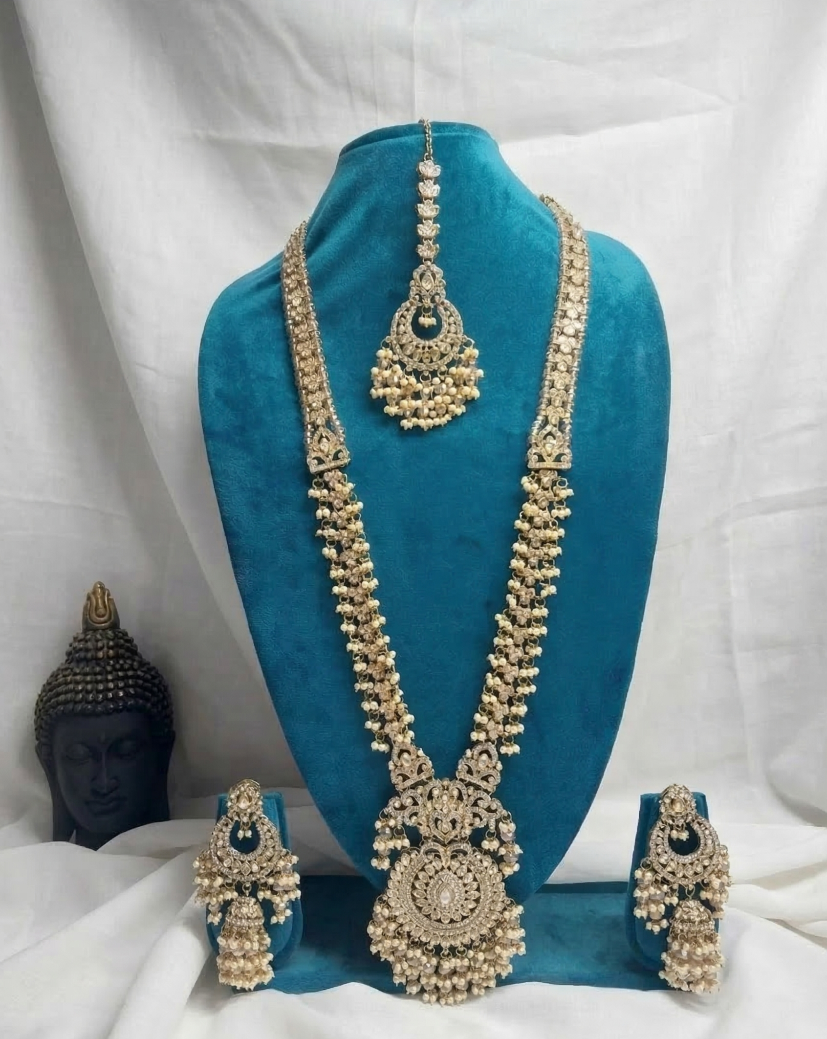 Maroon & Gold Long Rani Haar Jewelry Set with Matching Earrings and Maang Tikka
