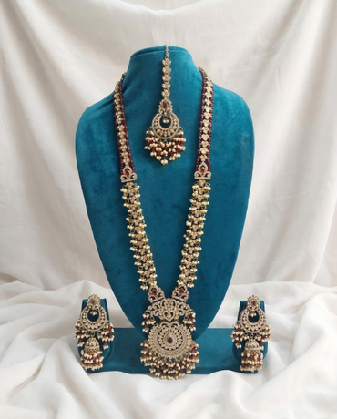 Maroon & Gold Long Rani Haar Jewelry Set with Matching Earrings and Maang Tikka