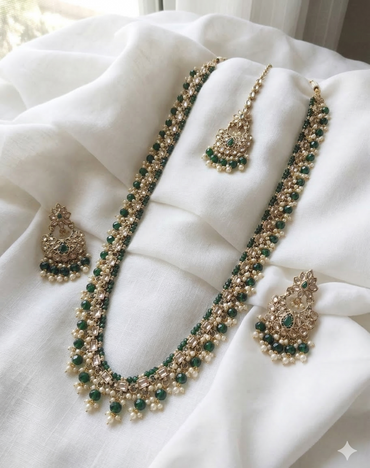 Champagne Stone & Pearl Beaded Long Necklace Set
