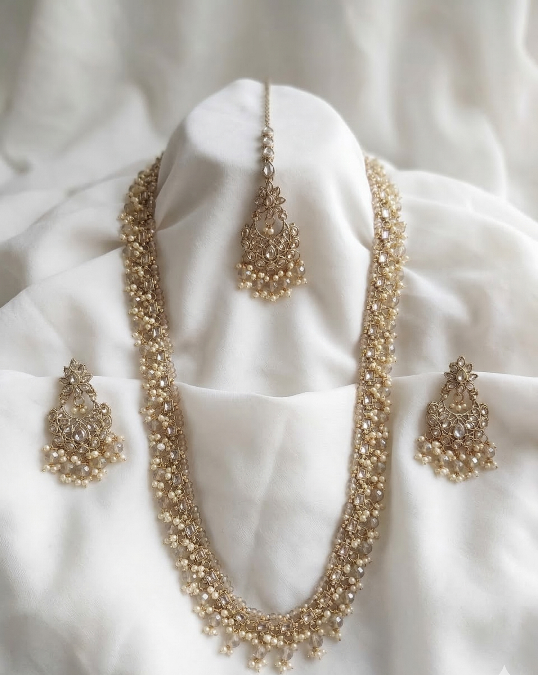 Champagne Stone & Pearl Beaded Long Necklace Set