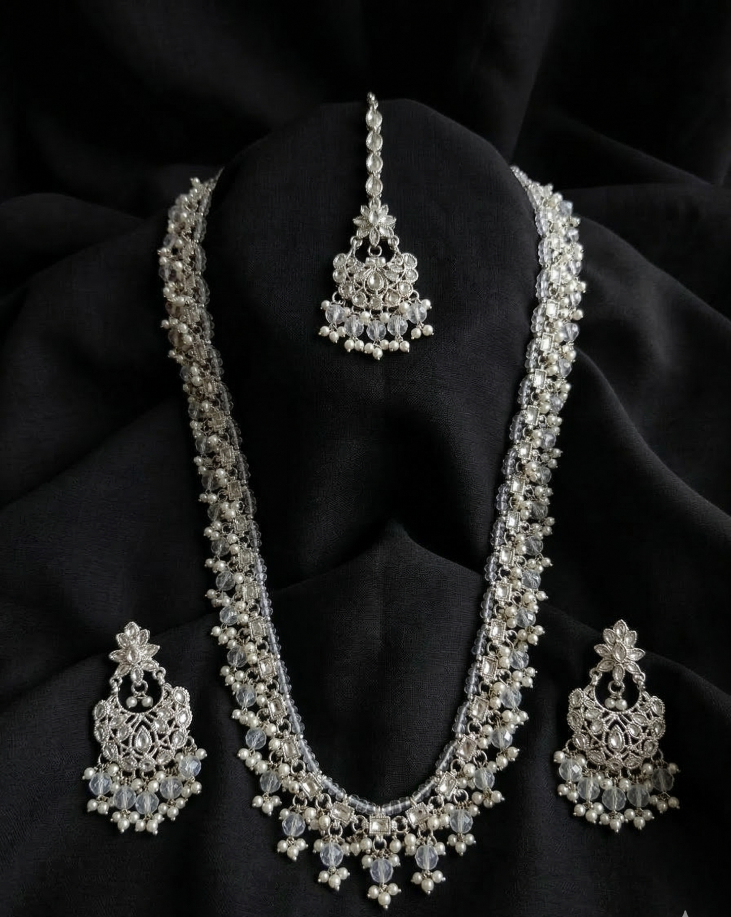 Champagne Stone & Pearl Beaded Long Necklace Set
