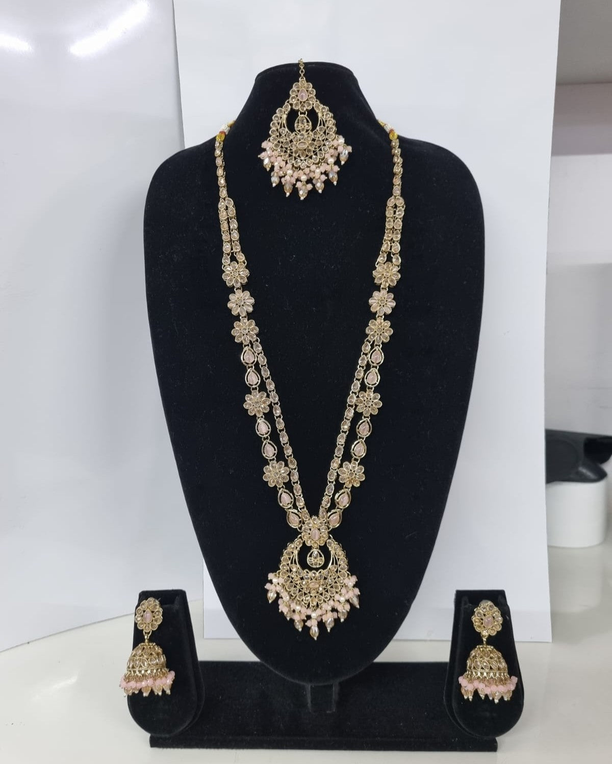 Rose Petal Pink Stone Long Necklace Set with Jhumkas