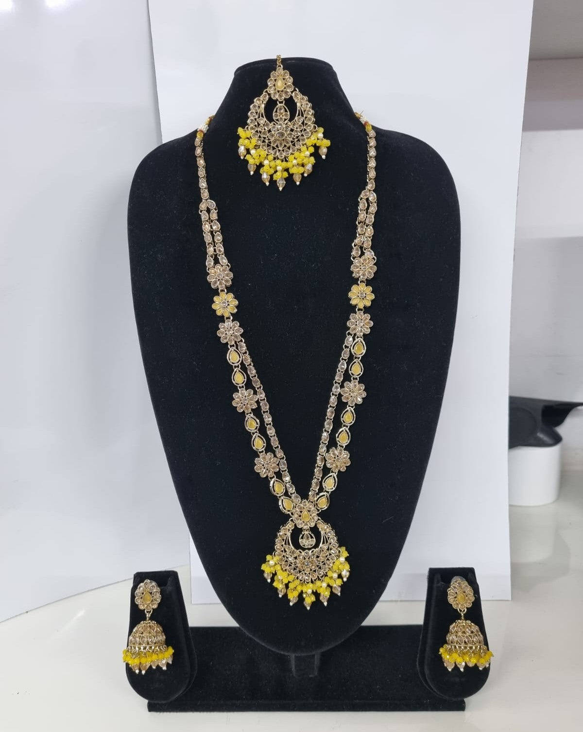 Rose Petal Pink Stone Long Necklace Set with Jhumkas
