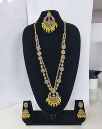 Rose Petal Pink Stone Long Necklace Set with Jhumkas