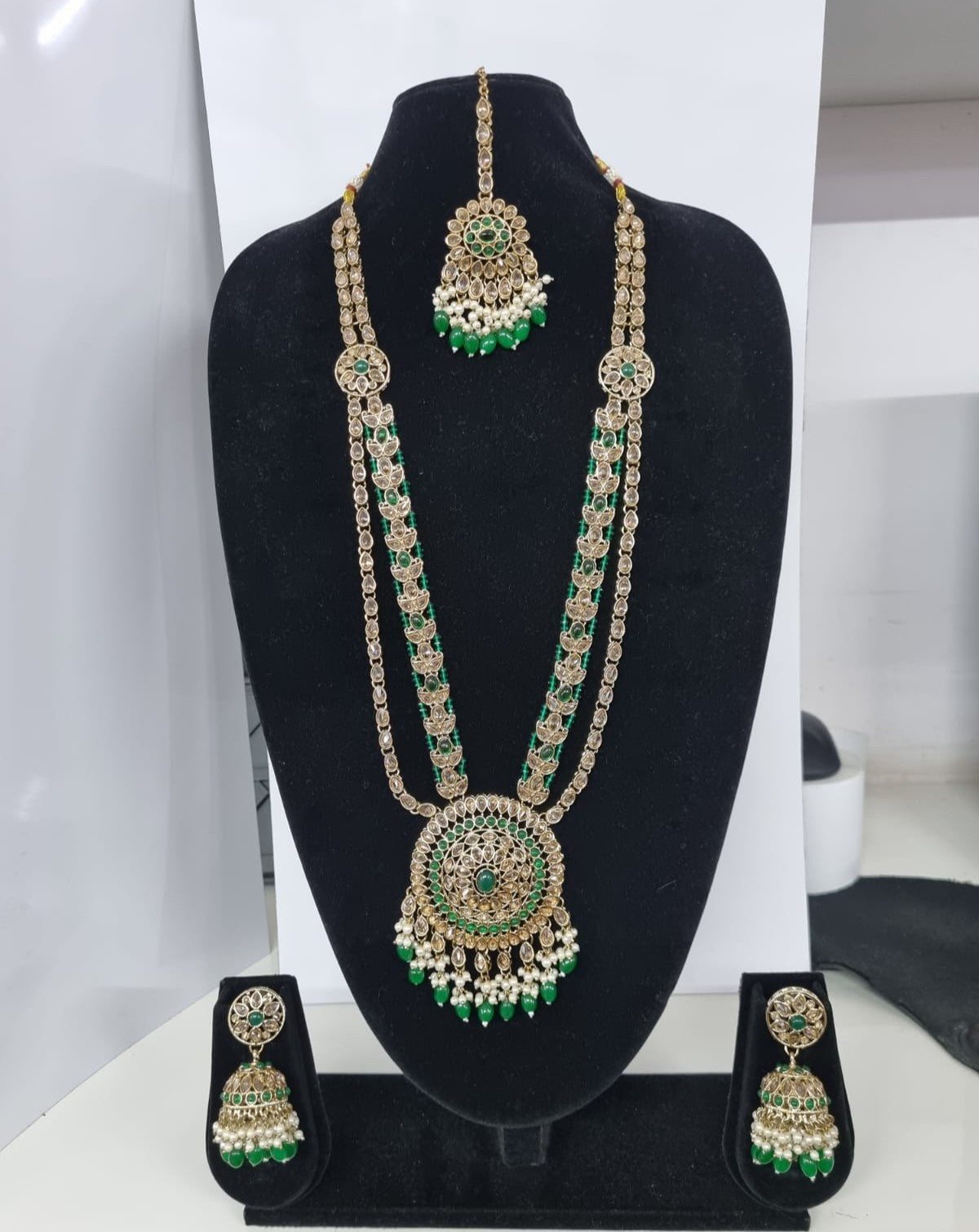 Traditional Pastel Sea Green Long Necklace Set with Jhumkas