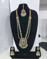 Traditional Pastel Sea Green Long Necklace Set with Jhumkas