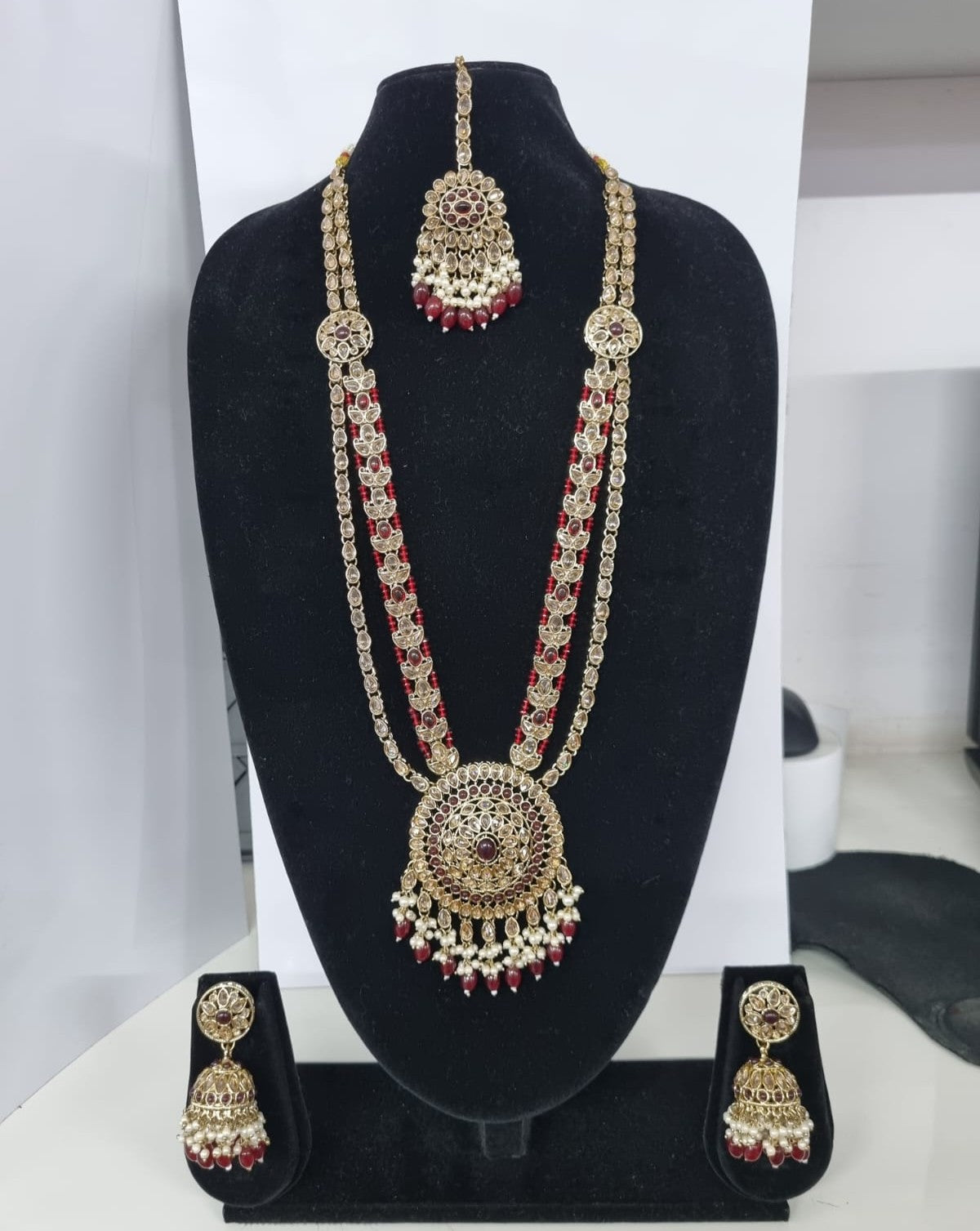 Traditional Pastel Sea Green Long Necklace Set with Jhumkas