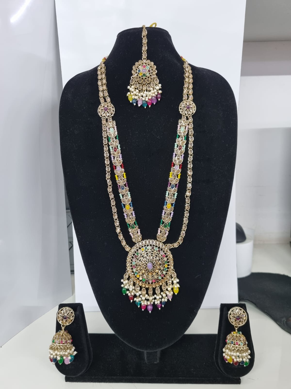 Traditional Pastel Sea Green Long Necklace Set with Jhumkas