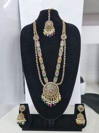 Traditional Pastel Sea Green Long Necklace Set with Jhumkas