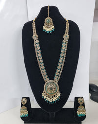 Traditional Pastel Sea Green Long Necklace Set with Jhumkas