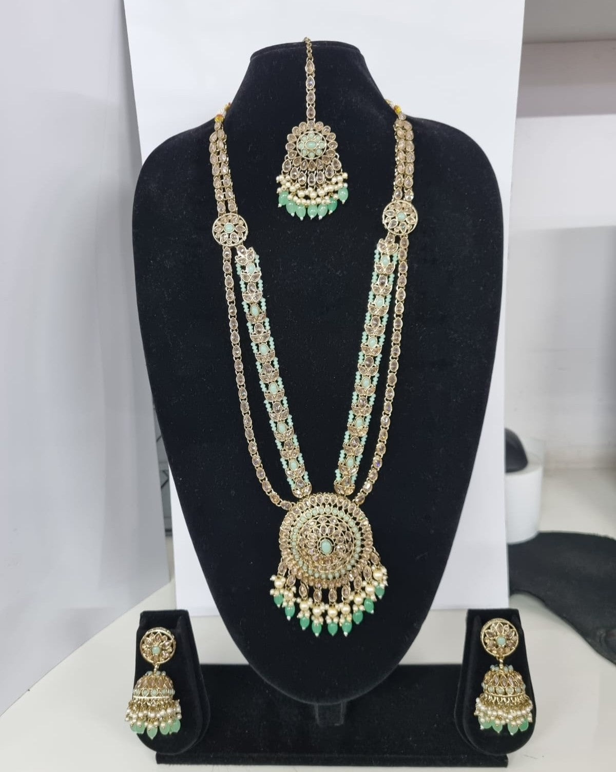 Traditional Pastel Sea Green Long Necklace Set with Jhumkas