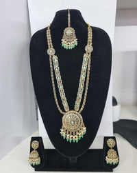 Traditional Pastel Sea Green Long Necklace Set with Jhumkas