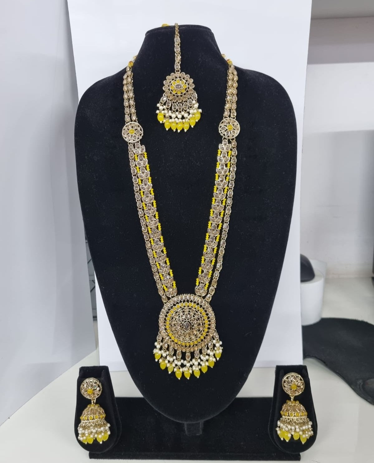 Traditional Pastel Sea Green Long Necklace Set with Jhumkas
