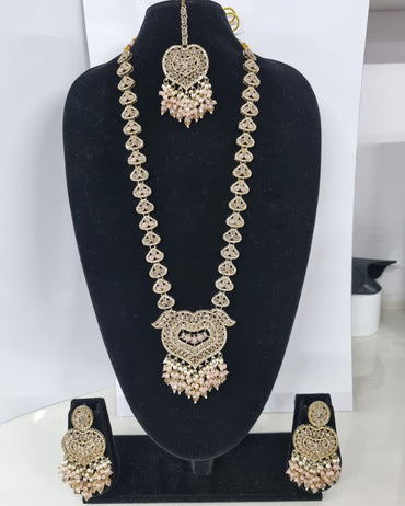 Lavender Purple Heart Shaped Long Necklace Set with Earrings & Maang Tikka