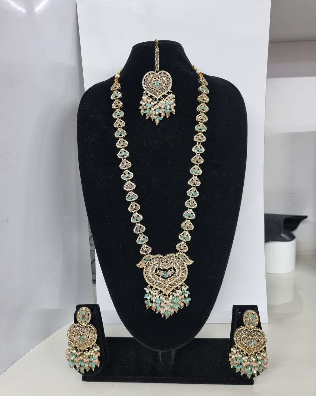 Lavender Purple Heart Shaped Long Necklace Set with Earrings & Maang Tikka