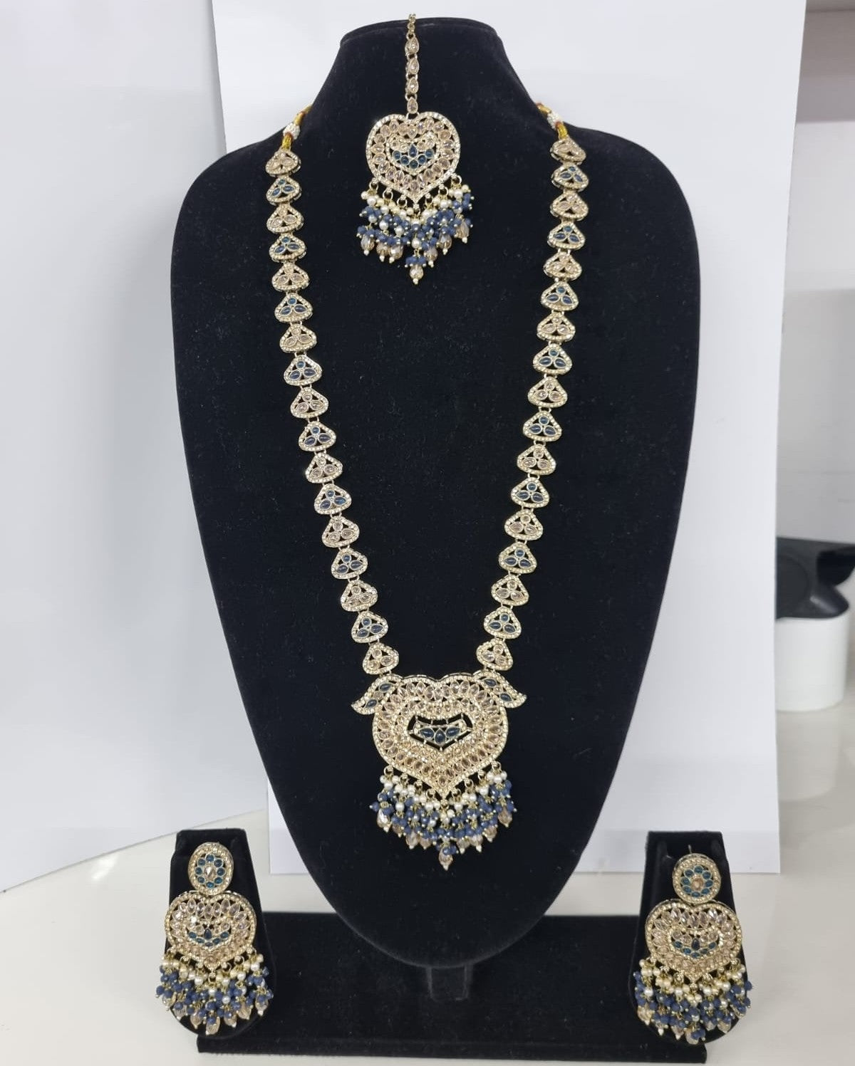 Lavender Purple Heart Shaped Long Necklace Set with Earrings & Maang Tikka