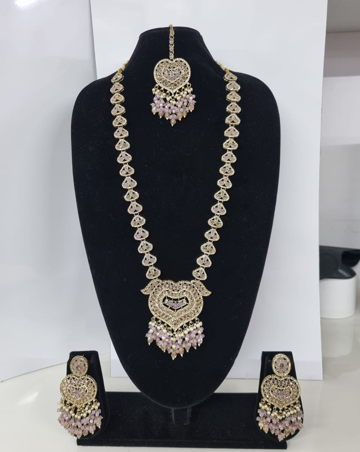 Lavender Purple Heart Shaped Long Necklace Set with Earrings & Maang Tikka