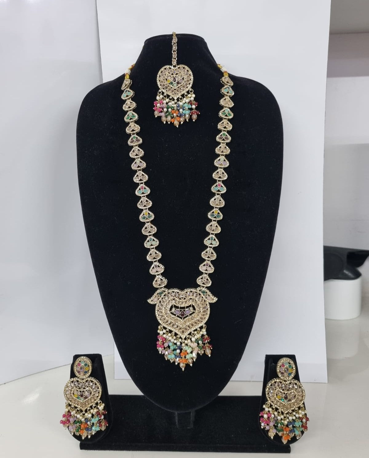 Lavender Purple Heart Shaped Long Necklace Set with Earrings & Maang Tikka