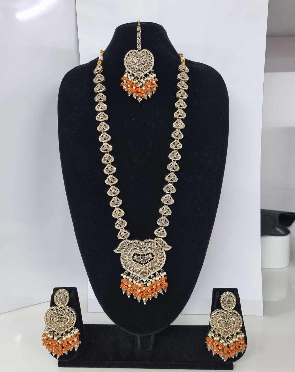 Lavender Purple Heart Shaped Long Necklace Set with Earrings & Maang Tikka