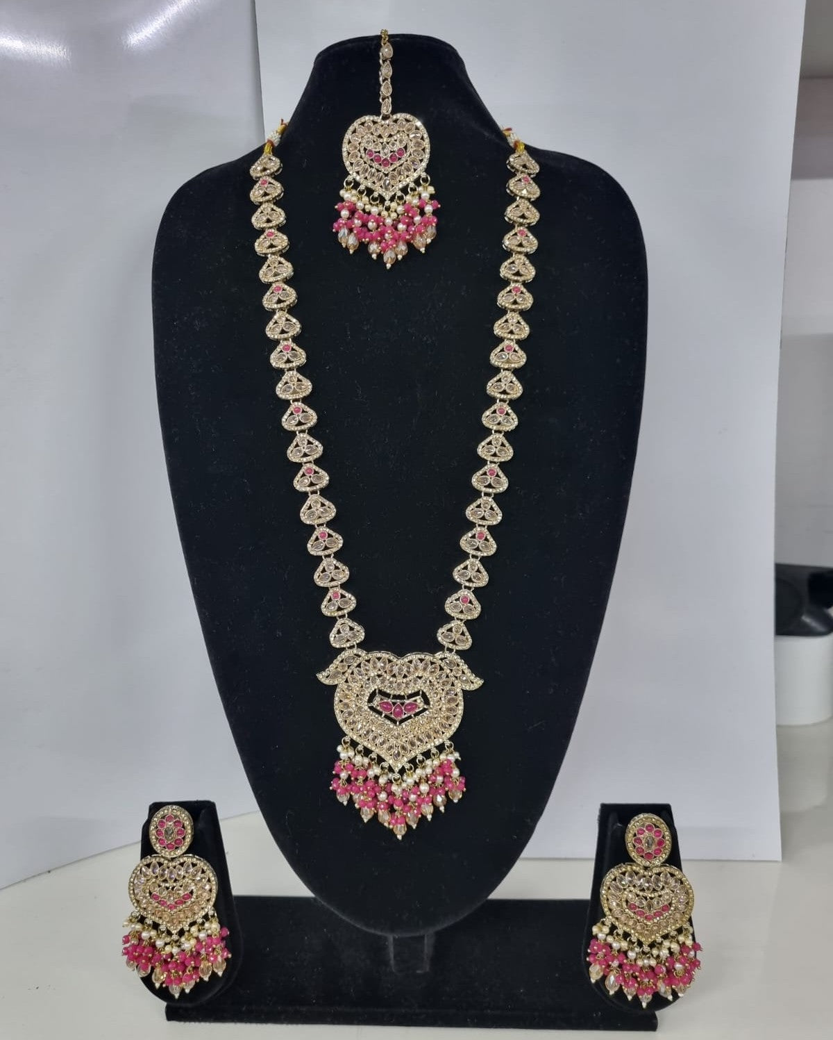 Lavender Purple Heart Shaped Long Necklace Set with Earrings & Maang Tikka