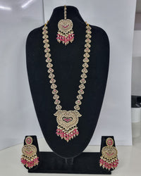 Lavender Purple Heart Shaped Long Necklace Set with Earrings & Maang Tikka