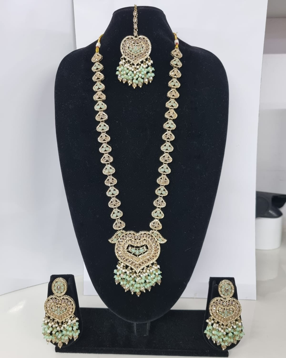 Lavender Purple Heart Shaped Long Necklace Set with Earrings & Maang Tikka