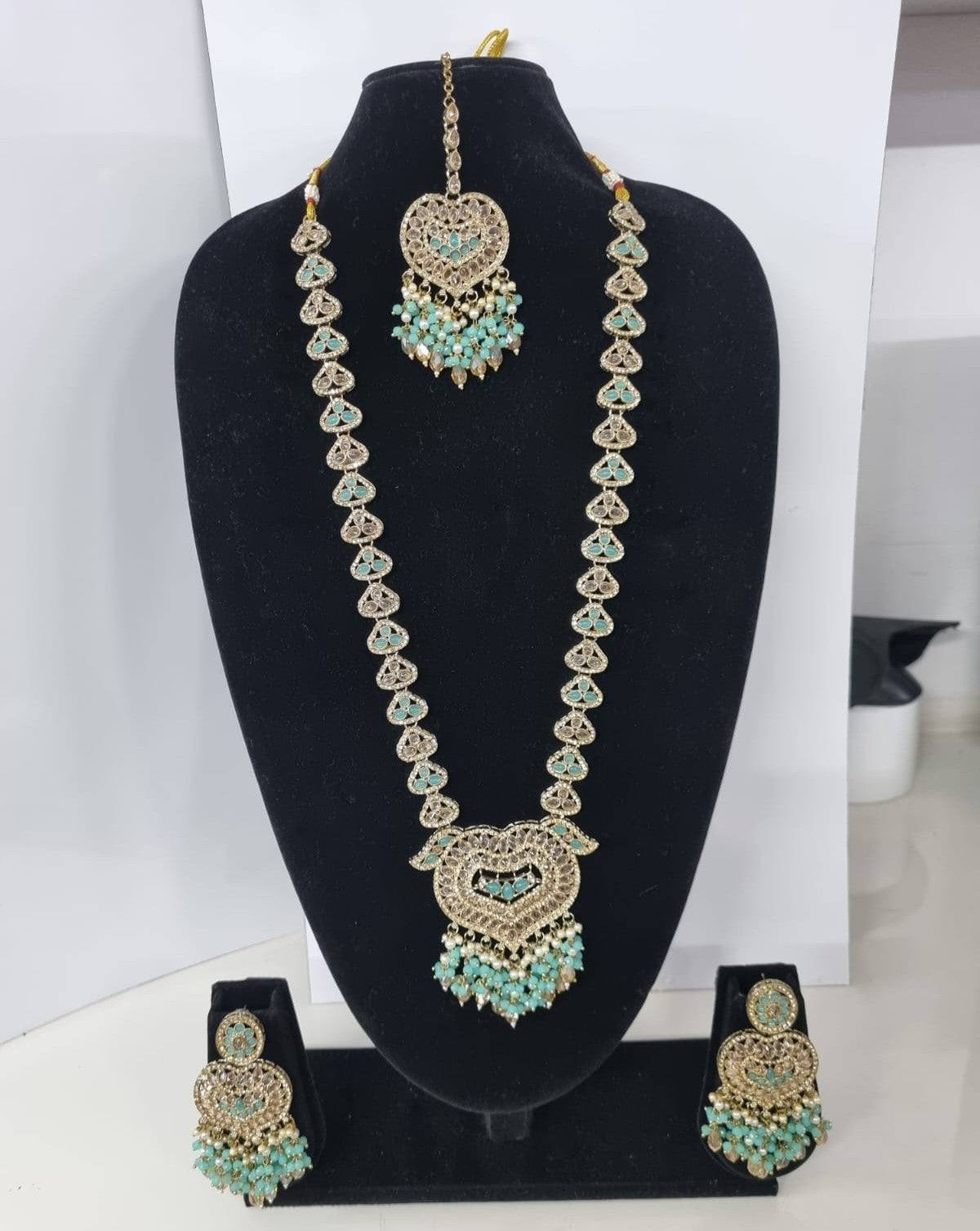 Lavender Purple Heart Shaped Long Necklace Set with Earrings & Maang Tikka