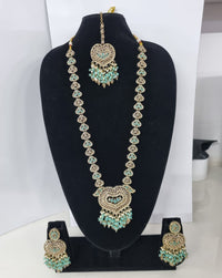 Lavender Purple Heart Shaped Long Necklace Set with Earrings & Maang Tikka