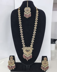 Lavender Purple Heart Shaped Long Necklace Set with Earrings & Maang Tikka