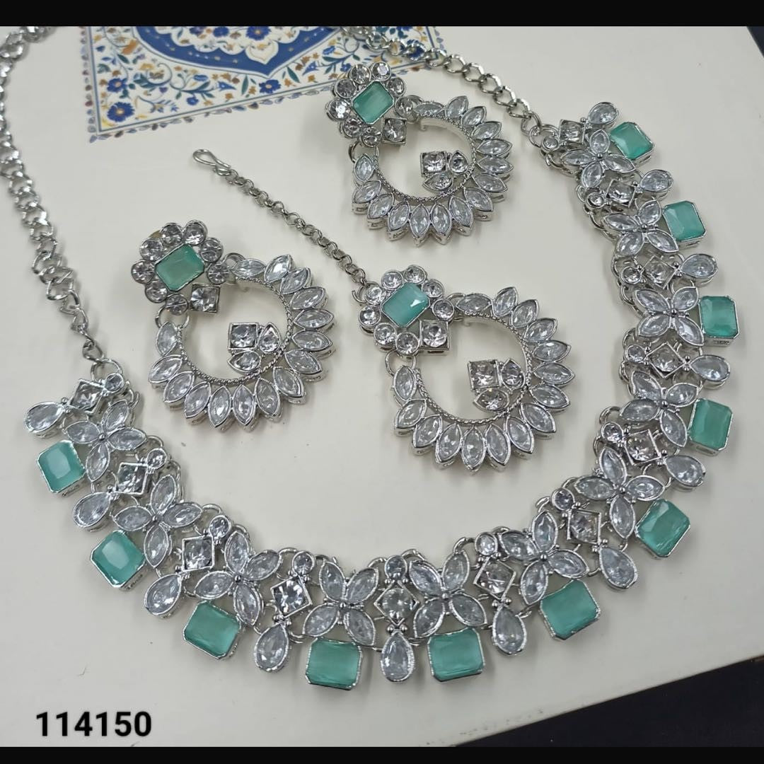 Sea Green & Silver-Tone Floral Crystal Necklace Set