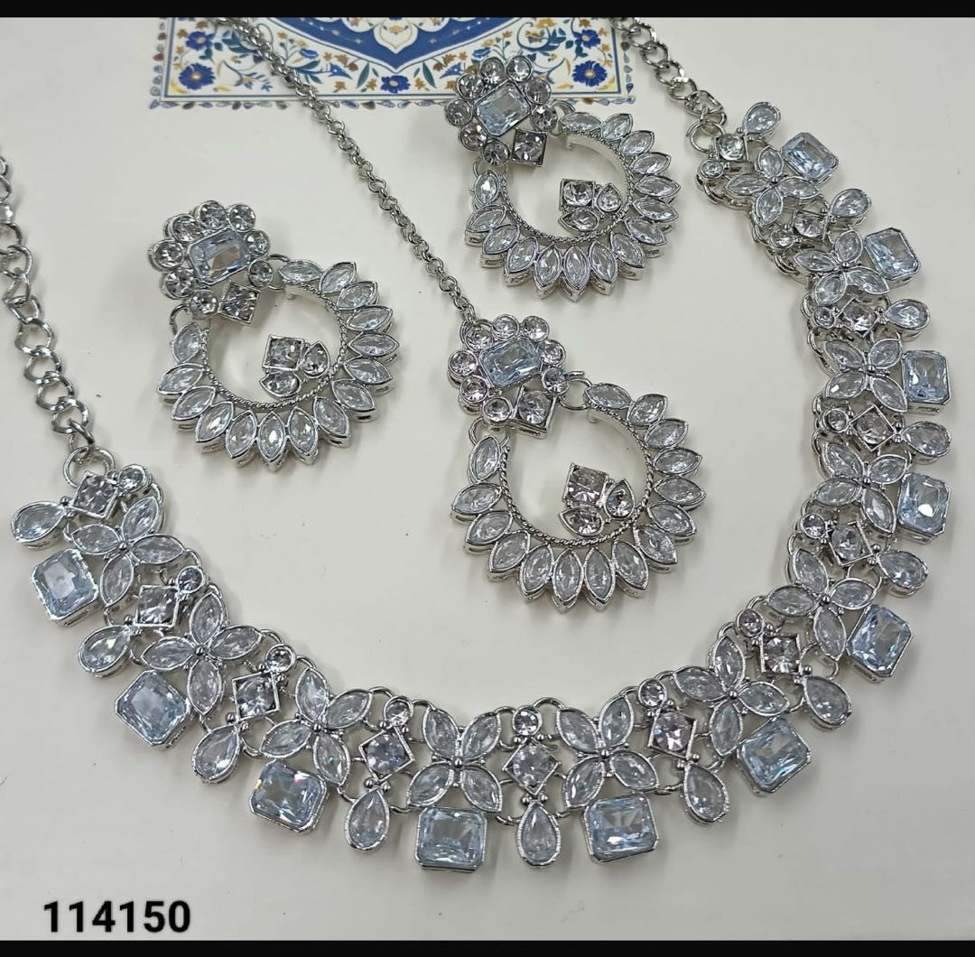 Sea Green & Silver-Tone Floral Crystal Necklace Set