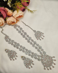 Crystal Floral Long Necklace Set with Earrings & Maang Tikka