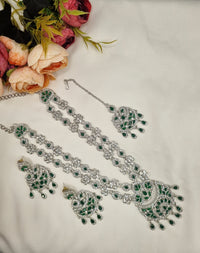 Crystal Floral Long Necklace Set with Earrings & Maang Tikka