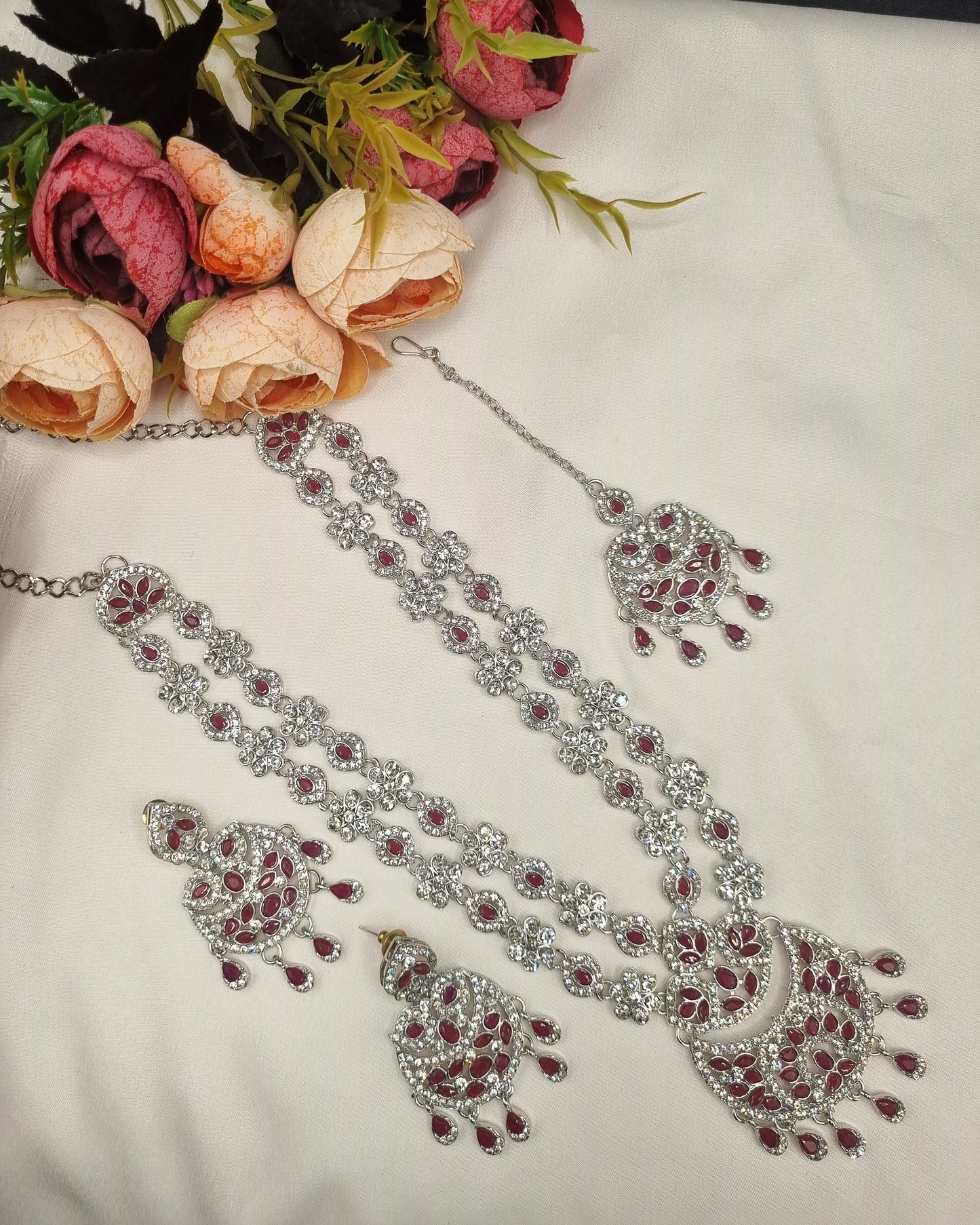 Crystal Floral Long Necklace Set with Earrings & Maang Tikka
