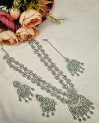 Crystal Floral Long Necklace Set with Earrings & Maang Tikka