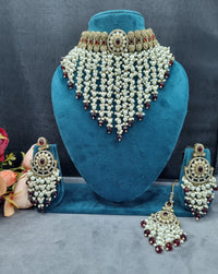 Elegant Pearl Jhallar Choker Necklace Set with Earrings & Maangtikka